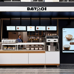 **A sleek, modern, unmanned cafe in Istanbul, featuring digital ordering kiosks and robotic baristas, catering to busy professionals in a fast-paced urban setting. Focus on the efficiency and technological aspect.**