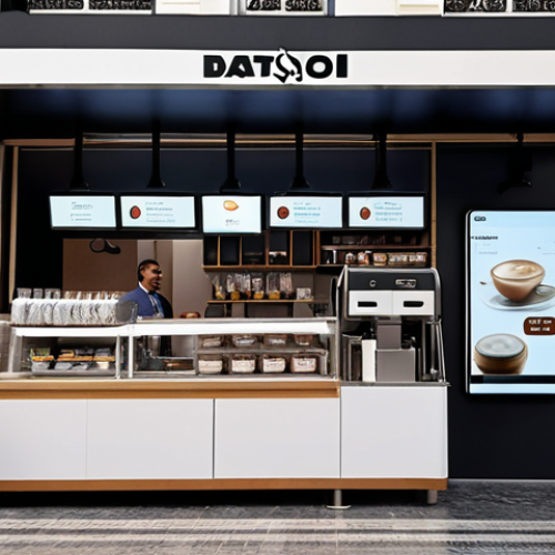 Home 4 **A sleek, modern, unmanned cafe in Istanbul, featuring digital ordering kiosks and robotic baristas, catering to busy professionals in a fast-paced urban setting. Focus on the efficiency and technological aspect.**