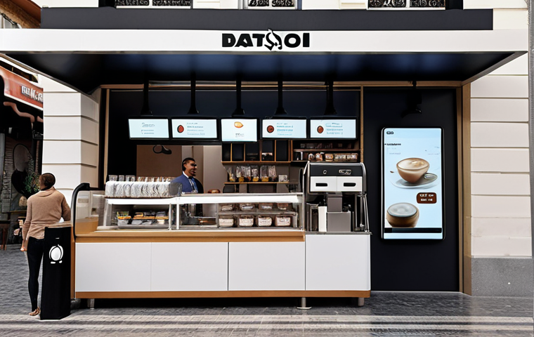 **A sleek, modern, unmanned cafe in Istanbul, featuring digital ordering kiosks and robotic baristas, catering to busy professionals in a fast-paced urban setting. Focus on the efficiency and technological aspect.**